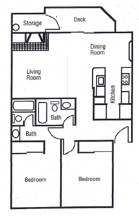 Floor plan for 2 beds, 2 baths, 932 sqft
